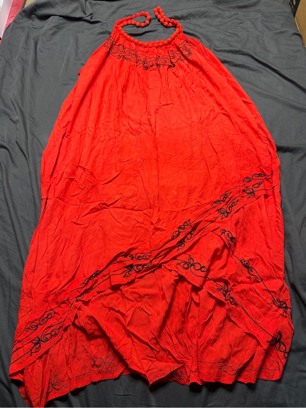 Women's Red Maxi Dress with Black Embroidered Trim